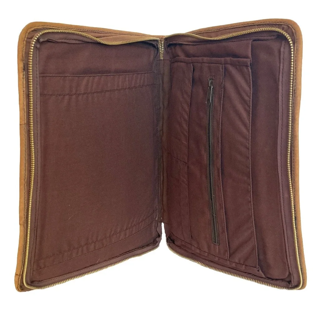 Vtg Woven Leather Zip Around Legal Notepad Folio Folder Organizer Binder Brown